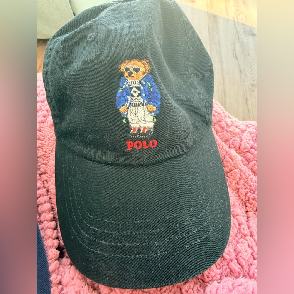 Ralph Lauren Black Polo Bear Baseball Cap with Multicolor Embroidery